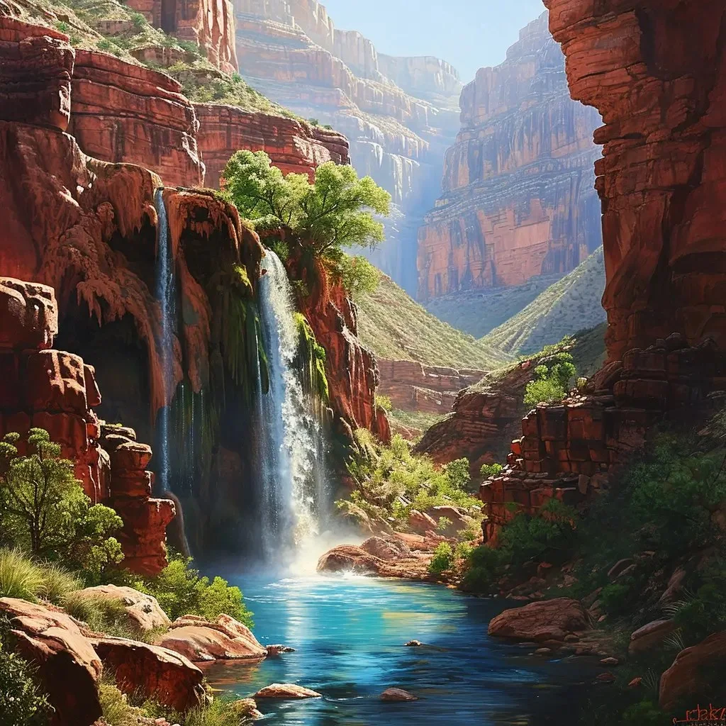 A secluded waterfall oasis nestled within a rugged canyon. The waterfall cascades down a red rock cliff into a crystal-clear blue pool surrounded by lush greenery. The towering canyon walls rise on either side, displaying layers of geological history. The scene is a serene hideaway, untouched and tranquil, with the vibrant colors of nature's palette on full display.