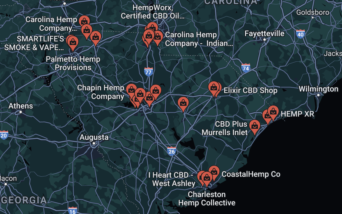 Map of South Carolina with pinned locations of dispensaries.