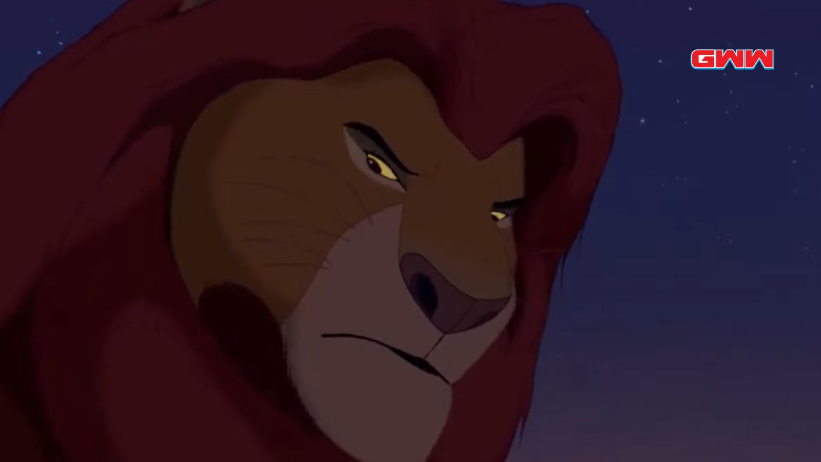 Mufasa looking down at Simba because he disobeyed him.