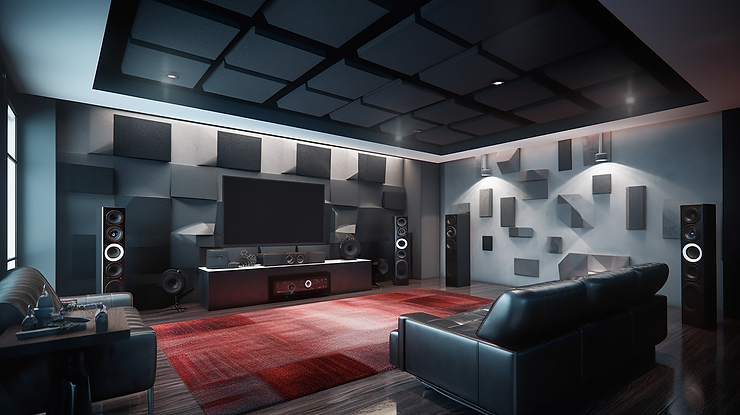 Luxurious polyester-felt flat acoustic panels seamlessly integrated into the walls of a home theater, creating an elegant and acoustically optimized space