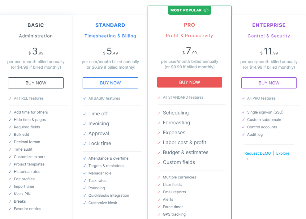 Pricing Plans for Clockify