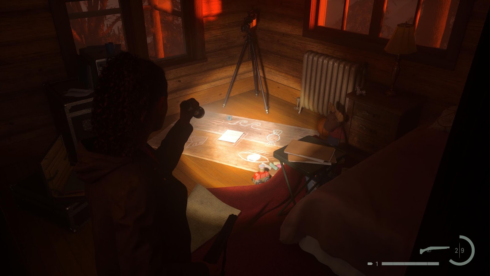An in game screenshot of the ranger station nursery rhyme from Alan Wake 2. 