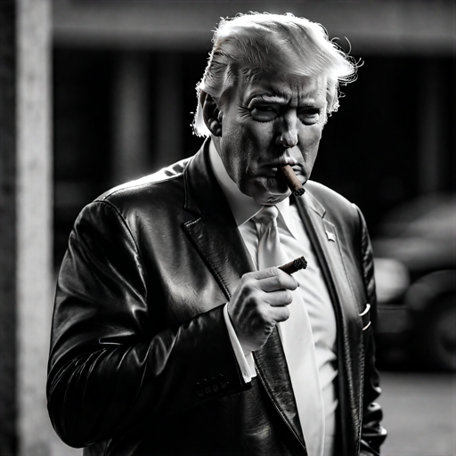 Black and white photograph of leather jacket mean-faced Trump smoking stogie