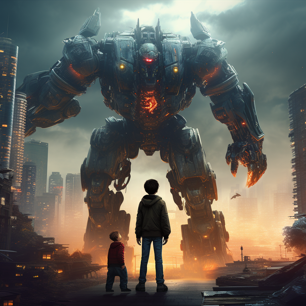 A small hero standing in front of a giant robot boss on the outskirts of a city.