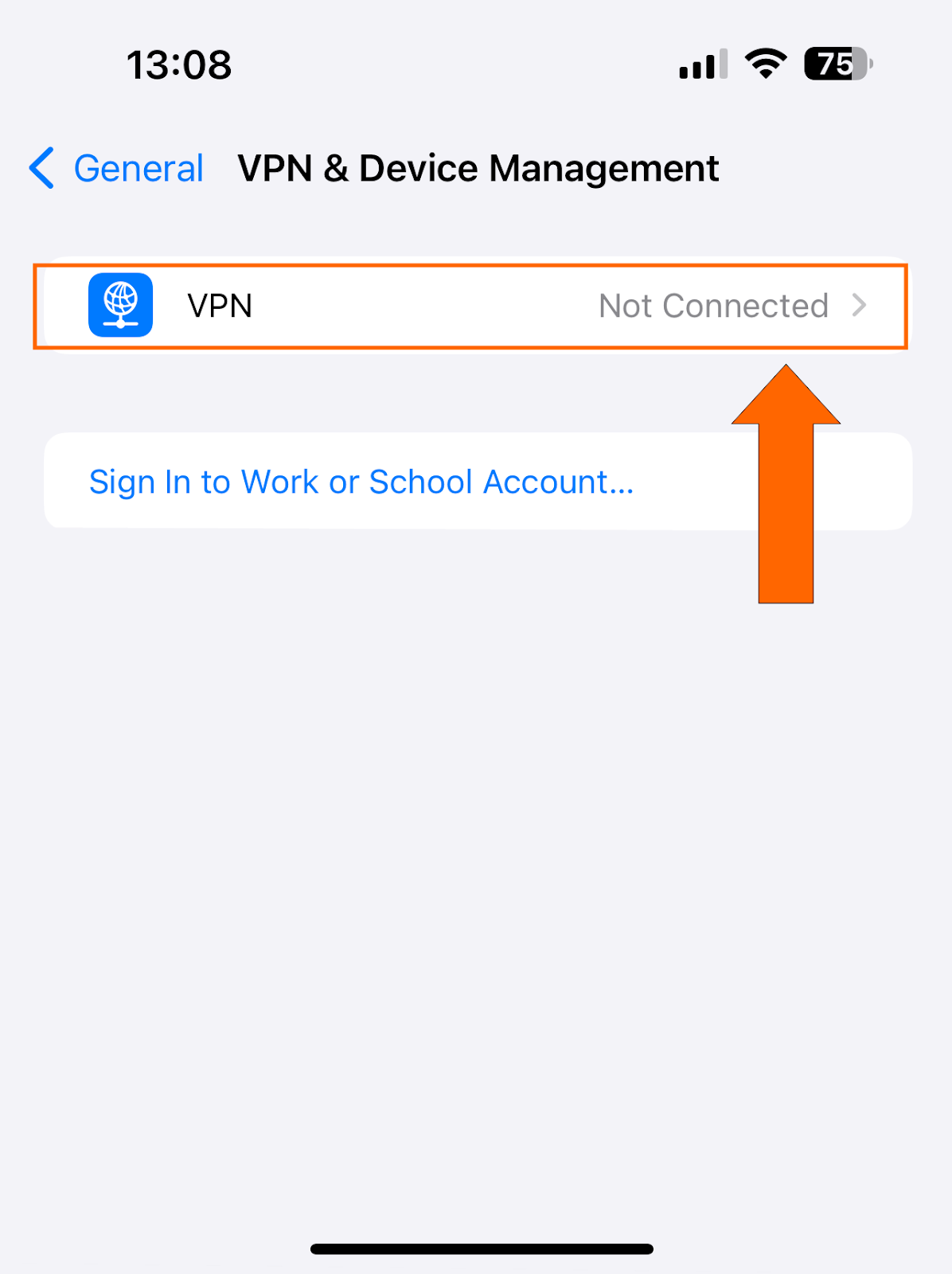 VPN management menu for iOS with VPN highlighted.
