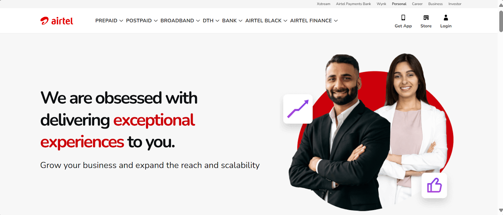 Bharti Airtel Limited website snapshot highlighting the services it provides.
