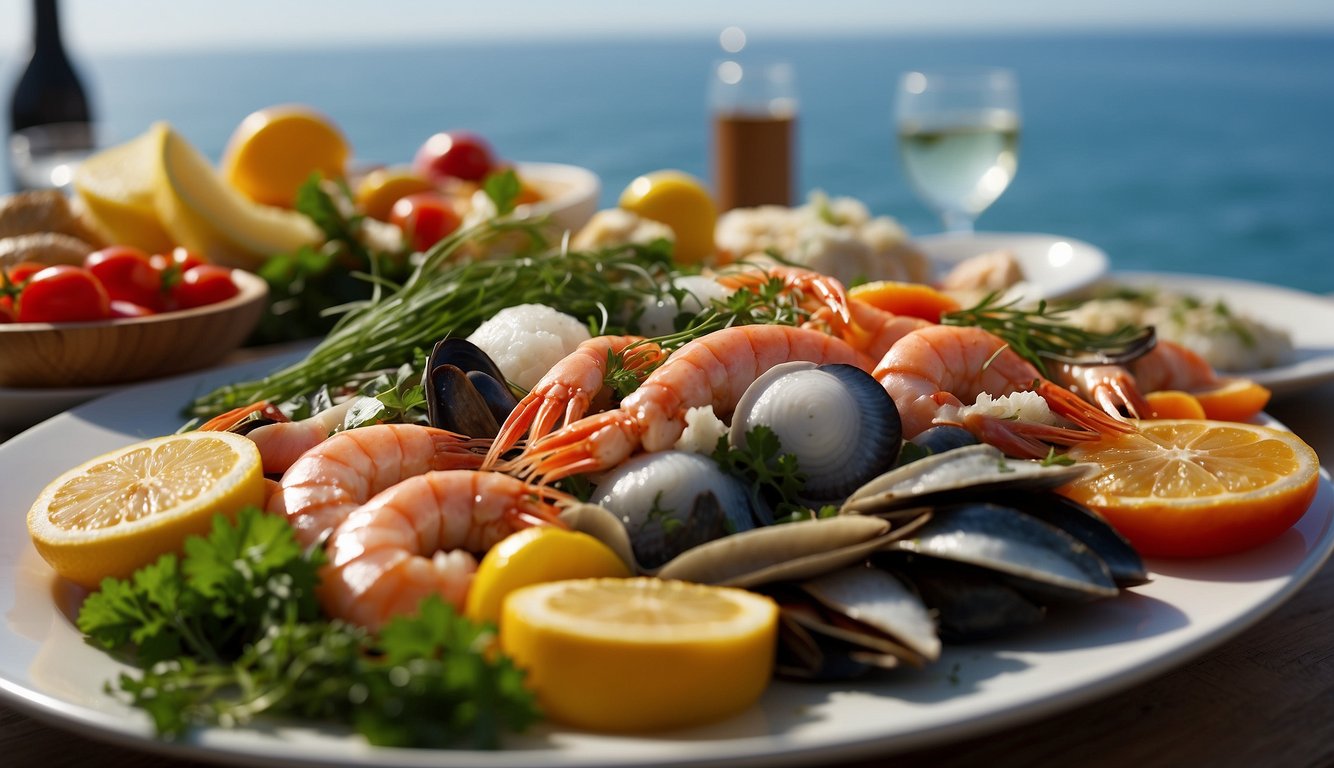 A table spread with fresh seafood, herbs, and colorful vegetables, with the sparkling Mediterranean Sea in the background