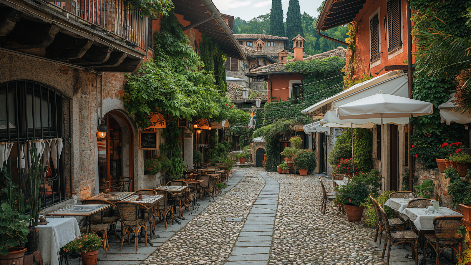 Cozy Italian osteria in a medieval town, featuring outdoor dining and walls adorned with ivy.
