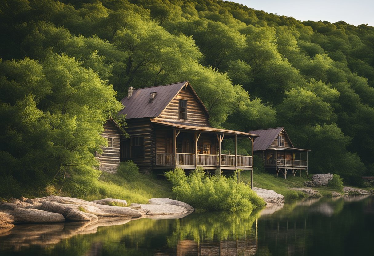 Rustic cabins nestled among lush greenery in Turner Falls, Oklahoma