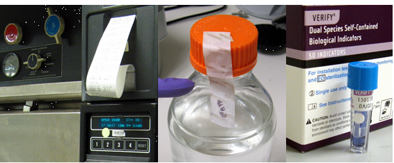 Text Box: Autoclave monitoring. Mechanical monitoring of cycles, temperature, pressure, and time. Chemical monitoring with autoclave tape to indicate load temperature. Biological monitoring with bacteria spores in a vial to indicate load sterilization. Source: Berkeley Lab EHS. 