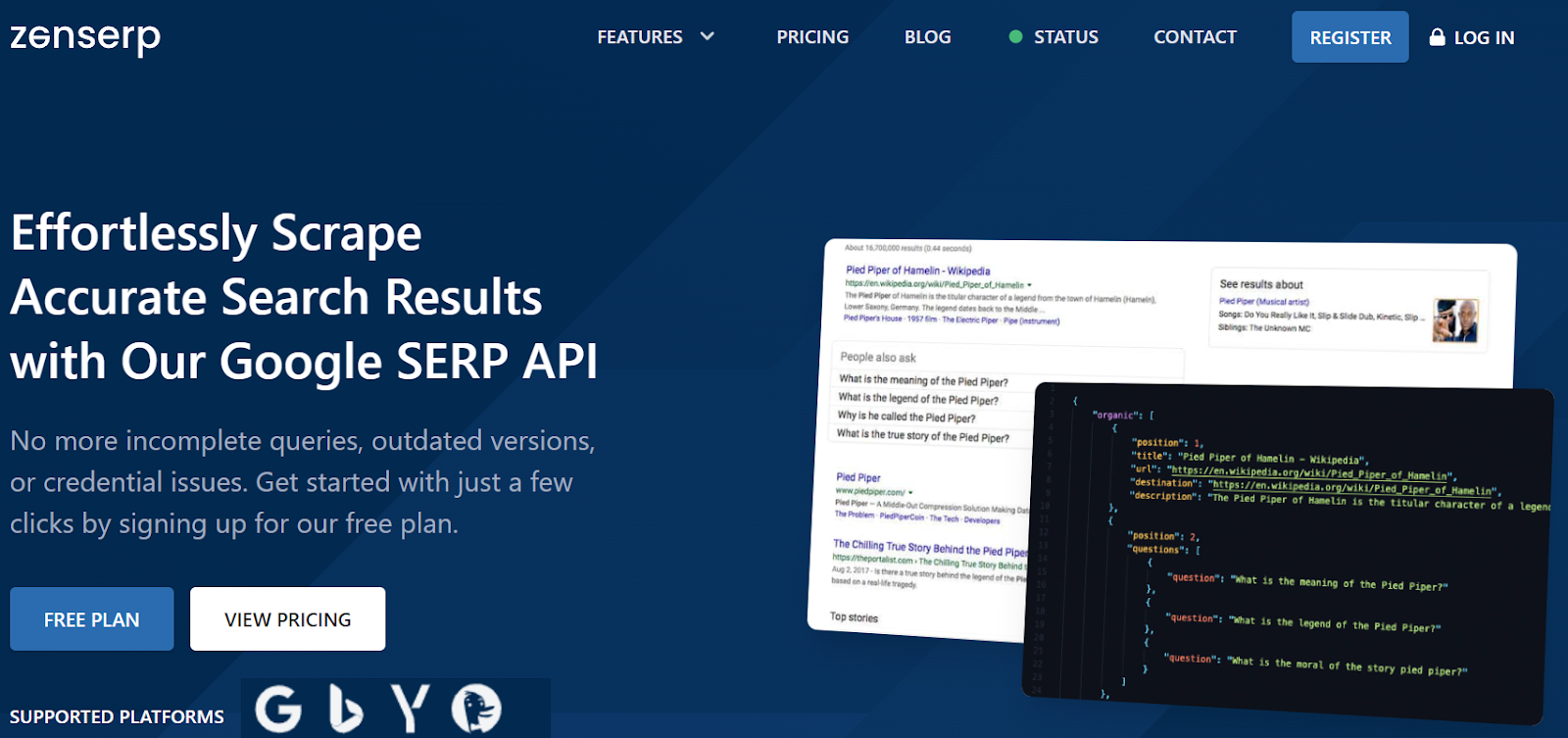 home page of the zenserp api for api integration use case