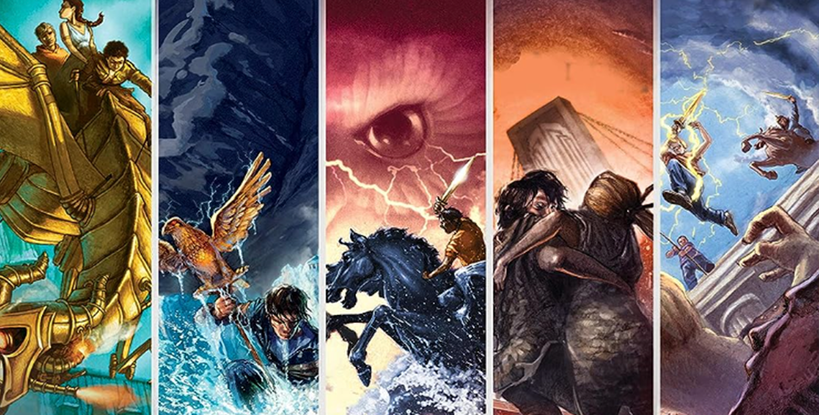 Recorte das capas dos 5 títulos de "Os Heróis do Olimpo", por Rick Riordan.