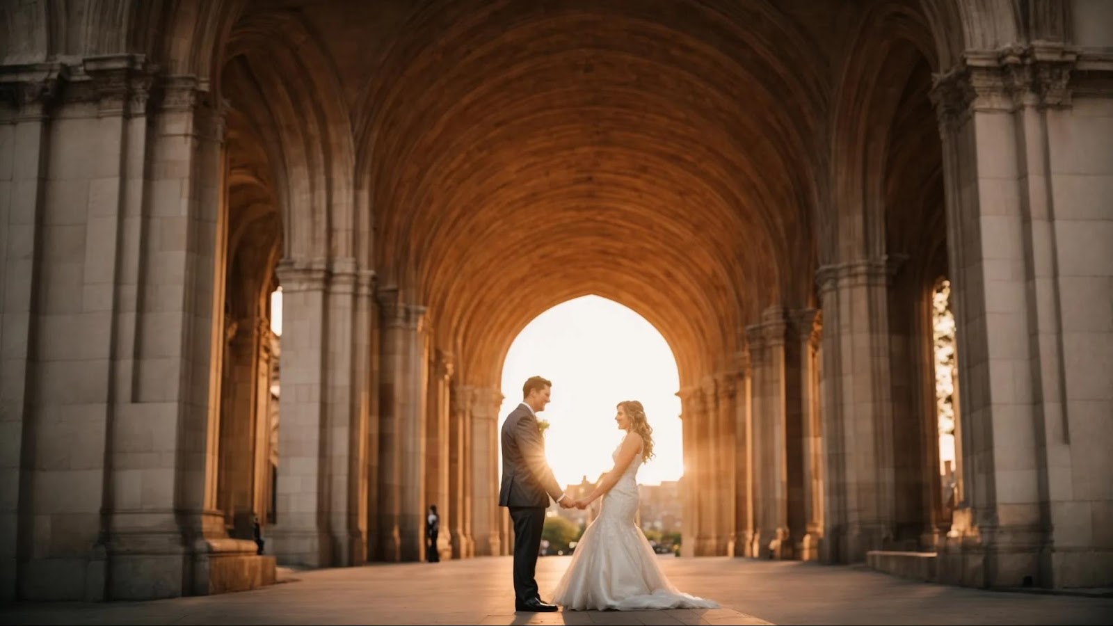 a bride and groom share a tender moment beneath the grand arches of a historic detroit building, captured in the soft glow of sunset.