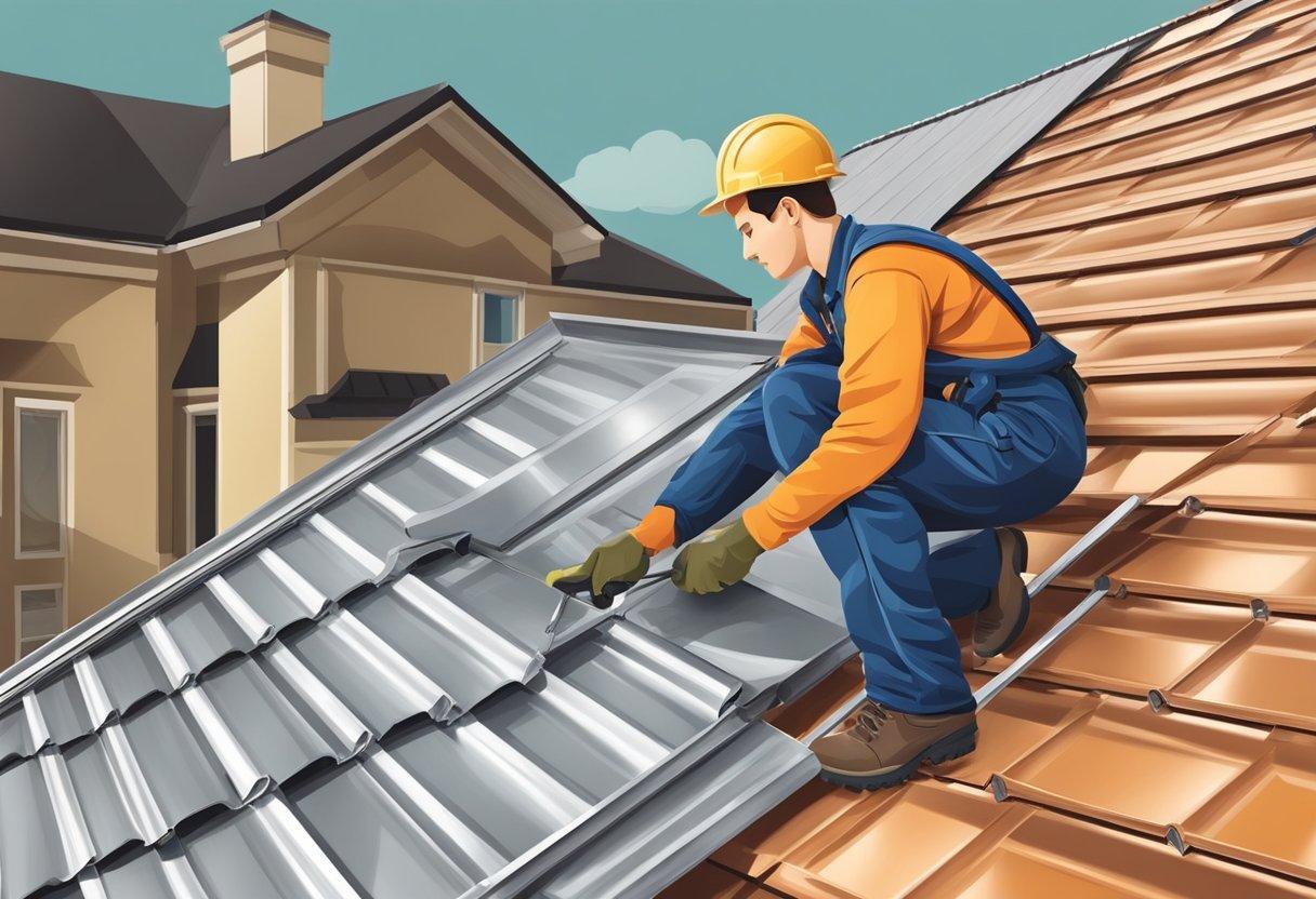 A worker installs metal roofing on a residential building, ensuring proper aftercare and maintenance