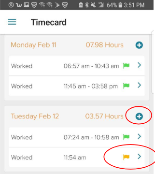 You will see your working hours come up. There will be a yellow flag underneath the data you are trying to clock in.