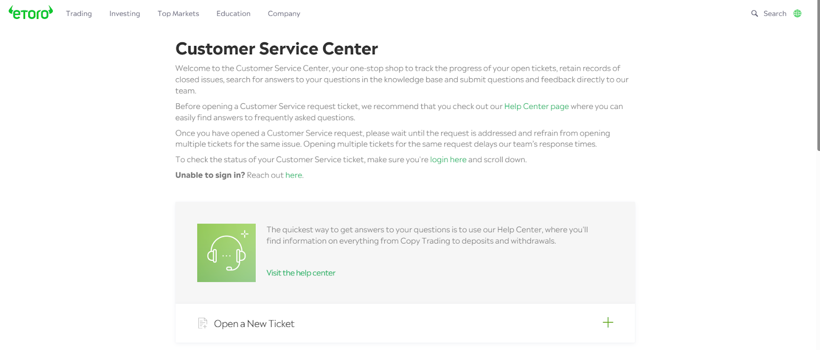 eToro customer service center.