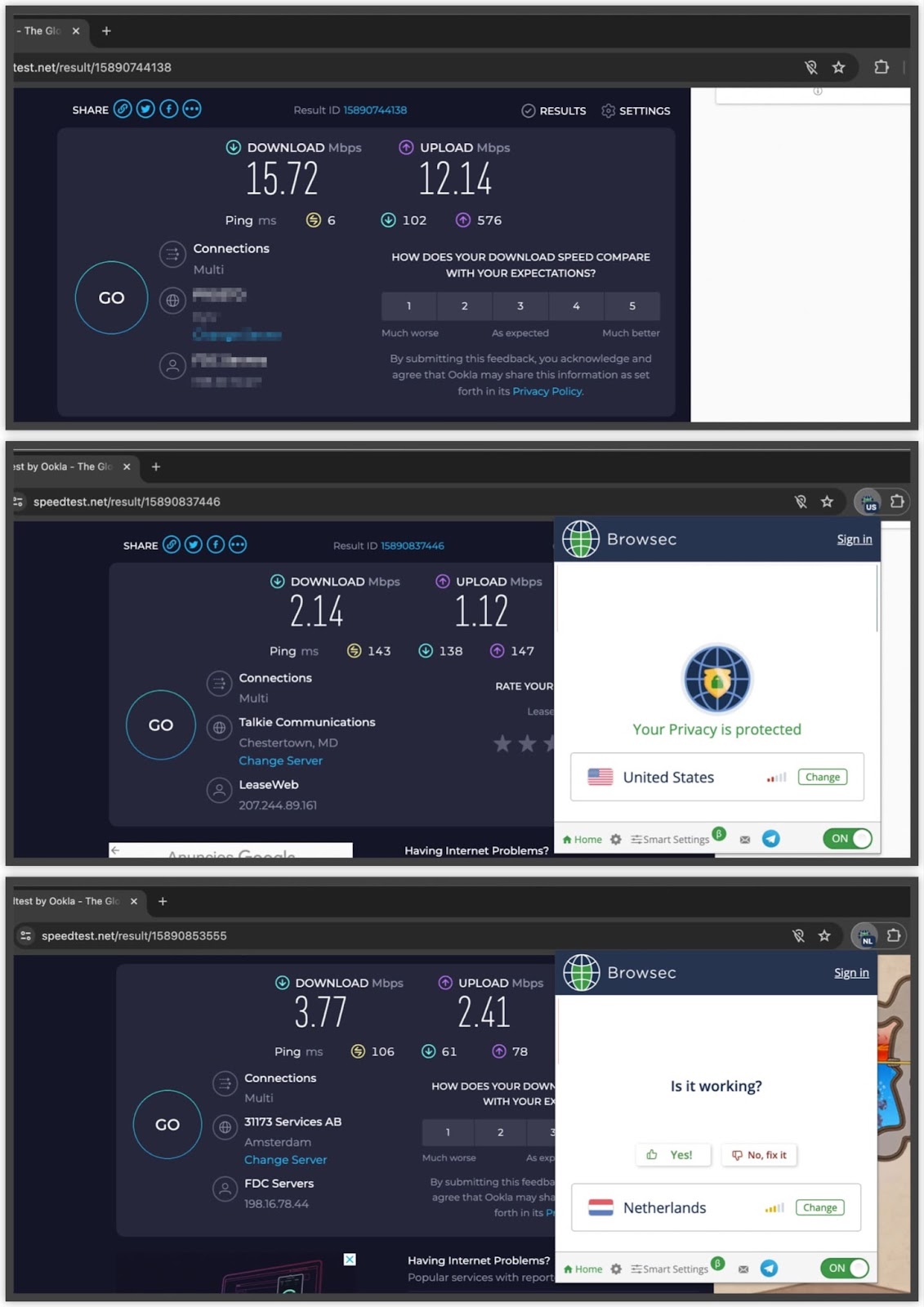 Speed test of Browsec for Chrome