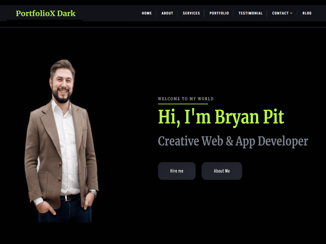 resume wordpress theme, PortfolioX Dark