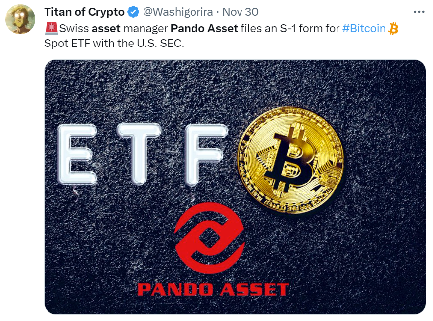 Tweet from @Washigorira announcing Pando Asset ETF filing

