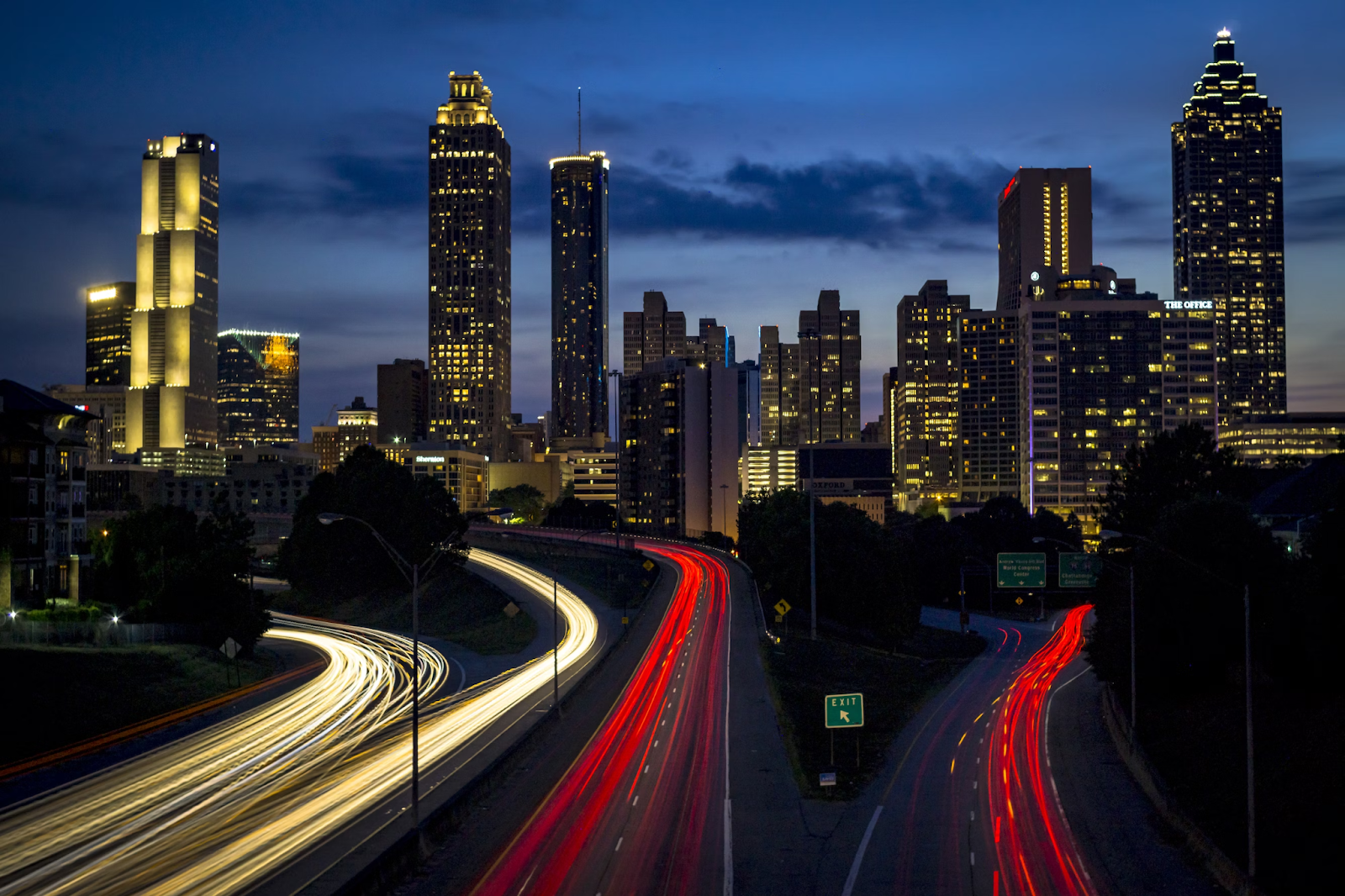 A shot of city building at night.