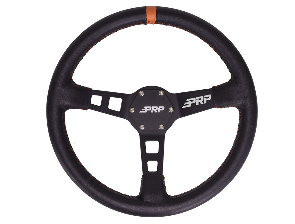 A replacement steering wheel from PRP Seats, uninstalled and against a blank background.