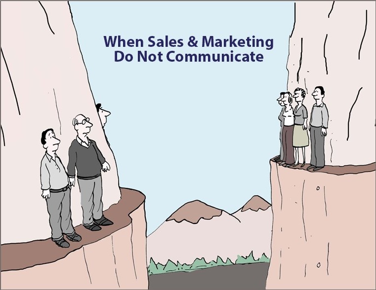 Cartoon showing sales and marketing on two separate mountains with huge gap between team representing misalignment