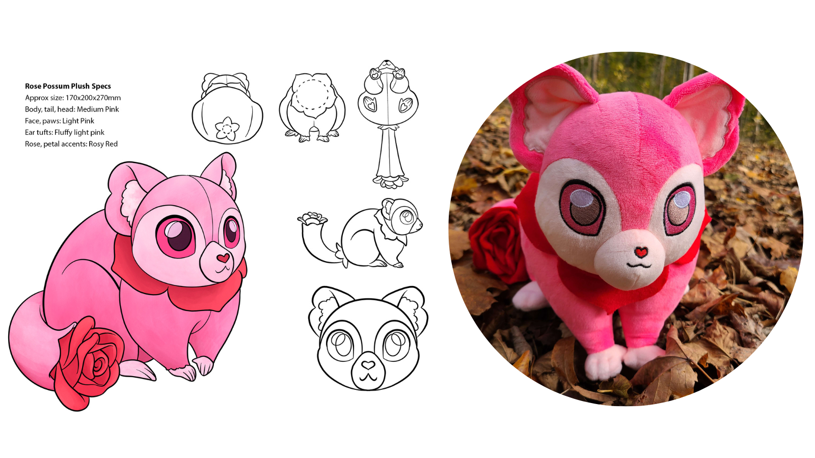Rose Possum sketches and mock-up plush