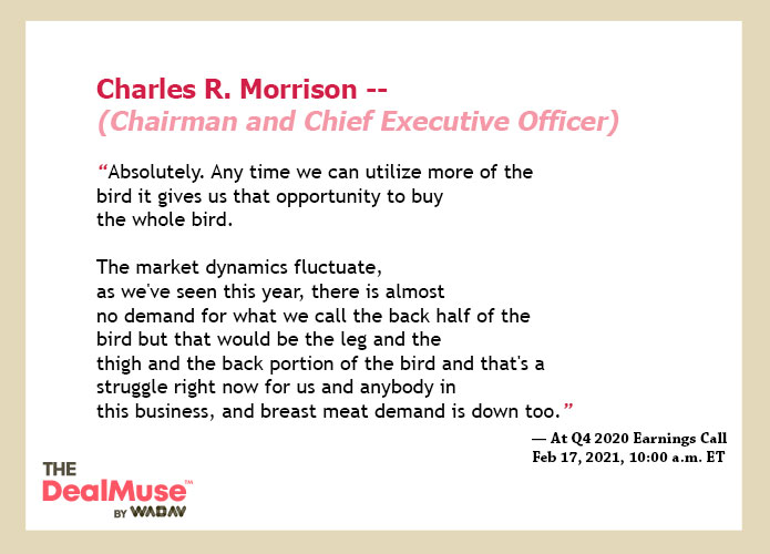 CEO of Wingstop, Charles R. Morrison quoted at a Q4 2020 earnings call that they should utilize the whole bird instead of just wings. 