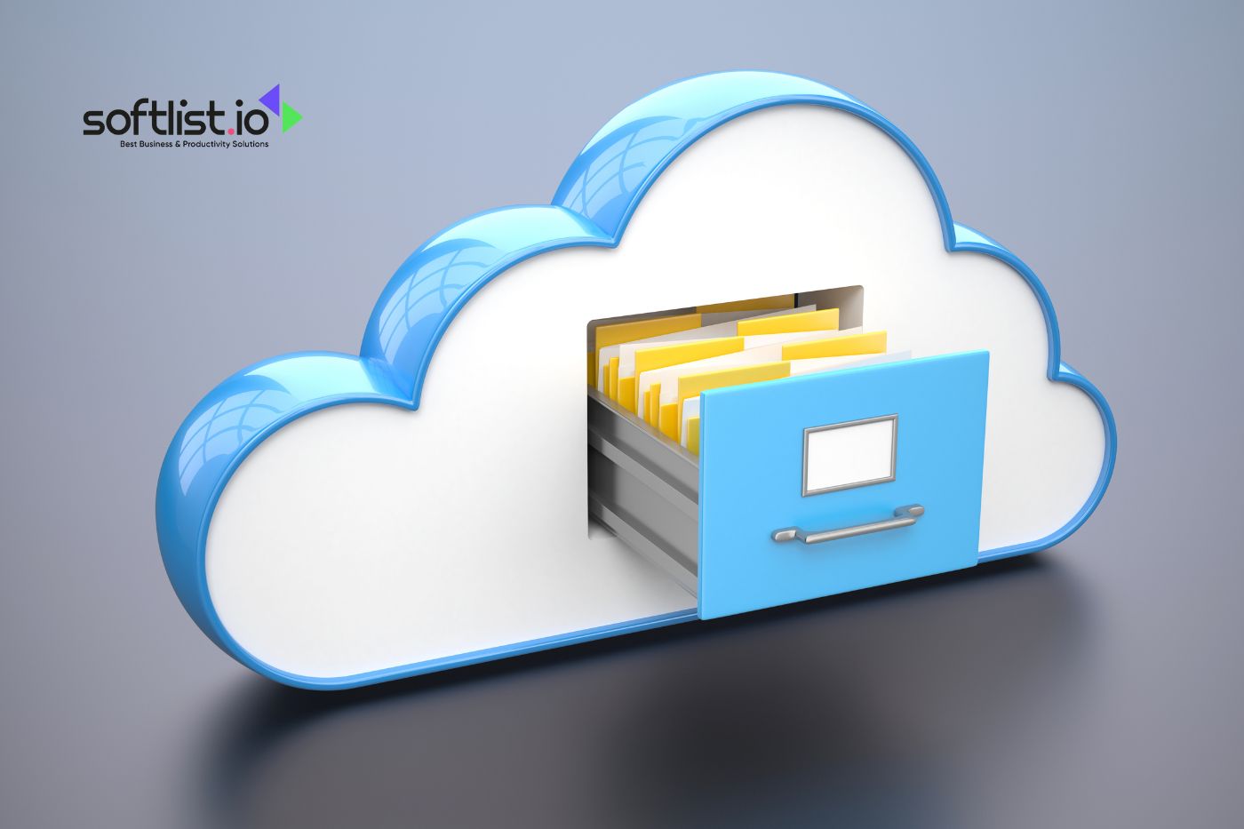 3D illustration of a cloud symbol with a file drawer and documents, representing cloud storage services.