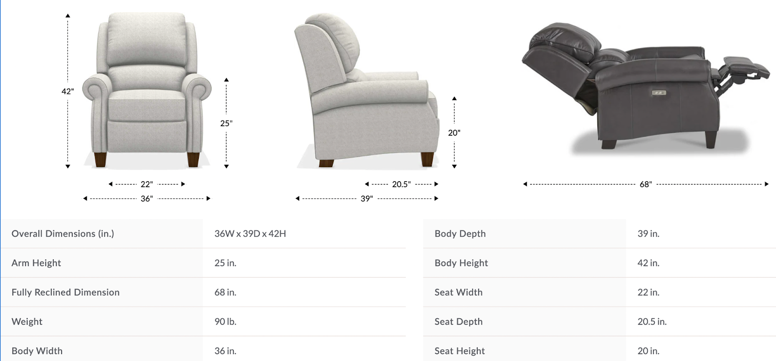 carleton high leg reclining chair dimensions