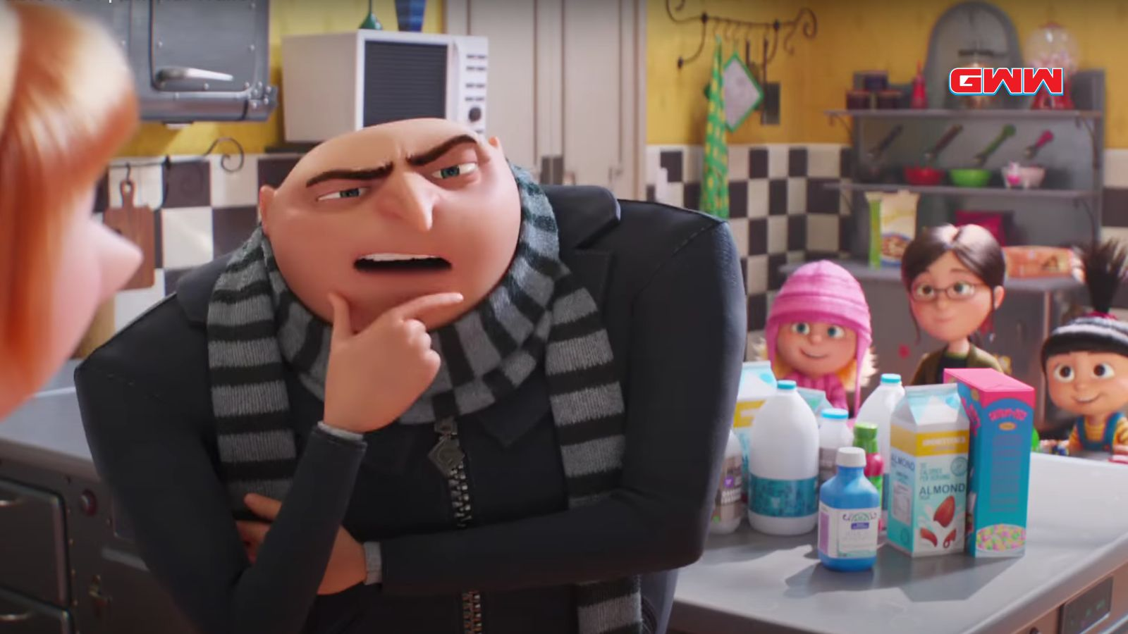 Gru talking to Lucy with their kids in the background, Despicable Me 4 Villain