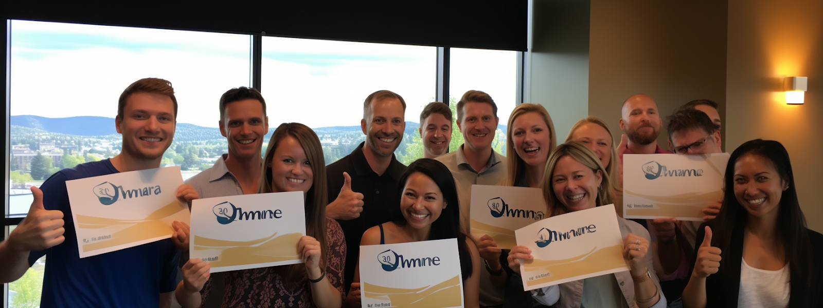 a group of satisfied clients smiling and giving thumbs up while holding signs with testimonials about premier internet marketing services in vancouver wa.