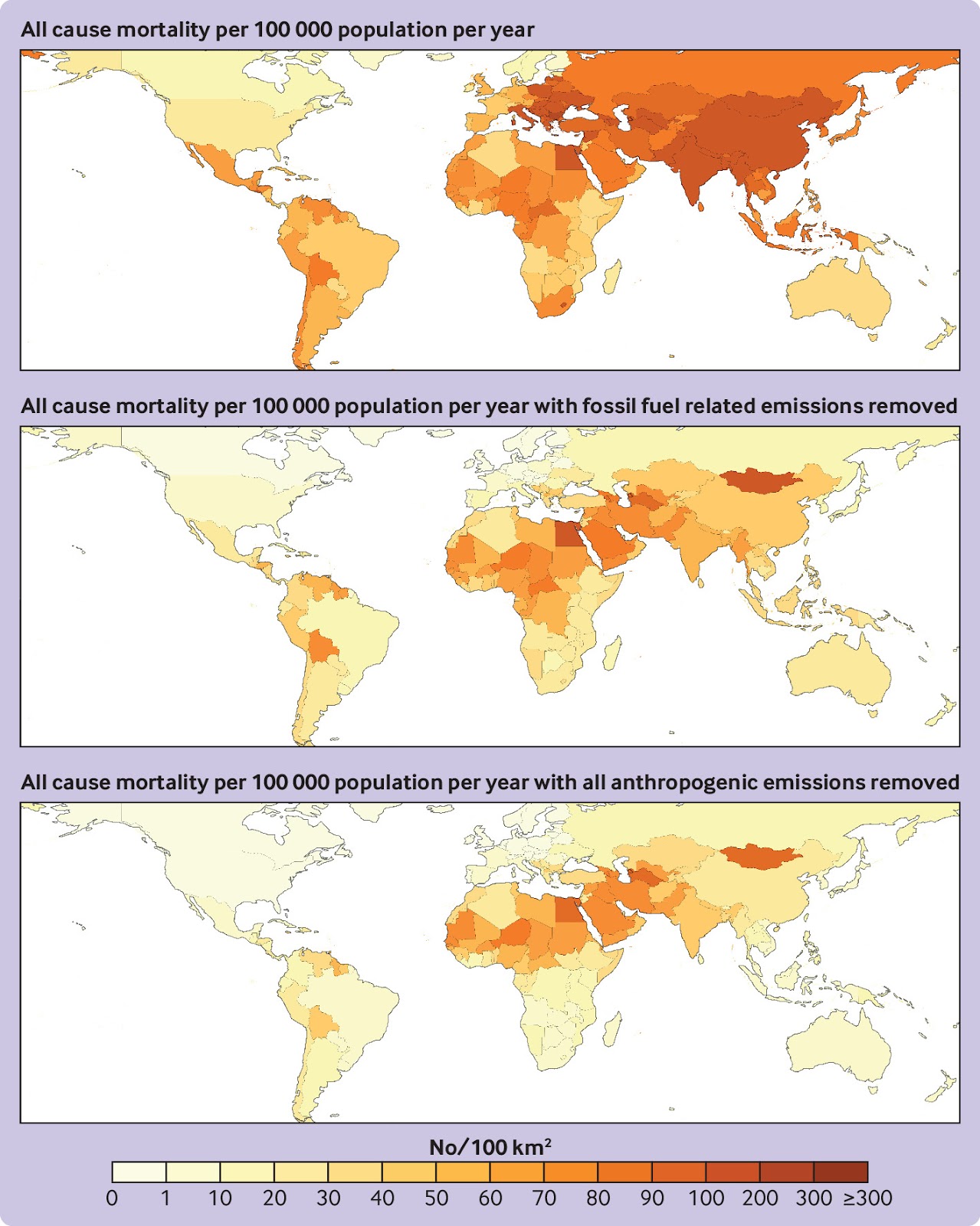 Country Average Deaths per 100 000 Population per Year Attributable to Fine Particulate Matter (PM2.5) and Ozone (O3), and With Fossil Fuel Related and All Anthropogenic Emissions Removed, Source: BMJ 2023;383:e077784