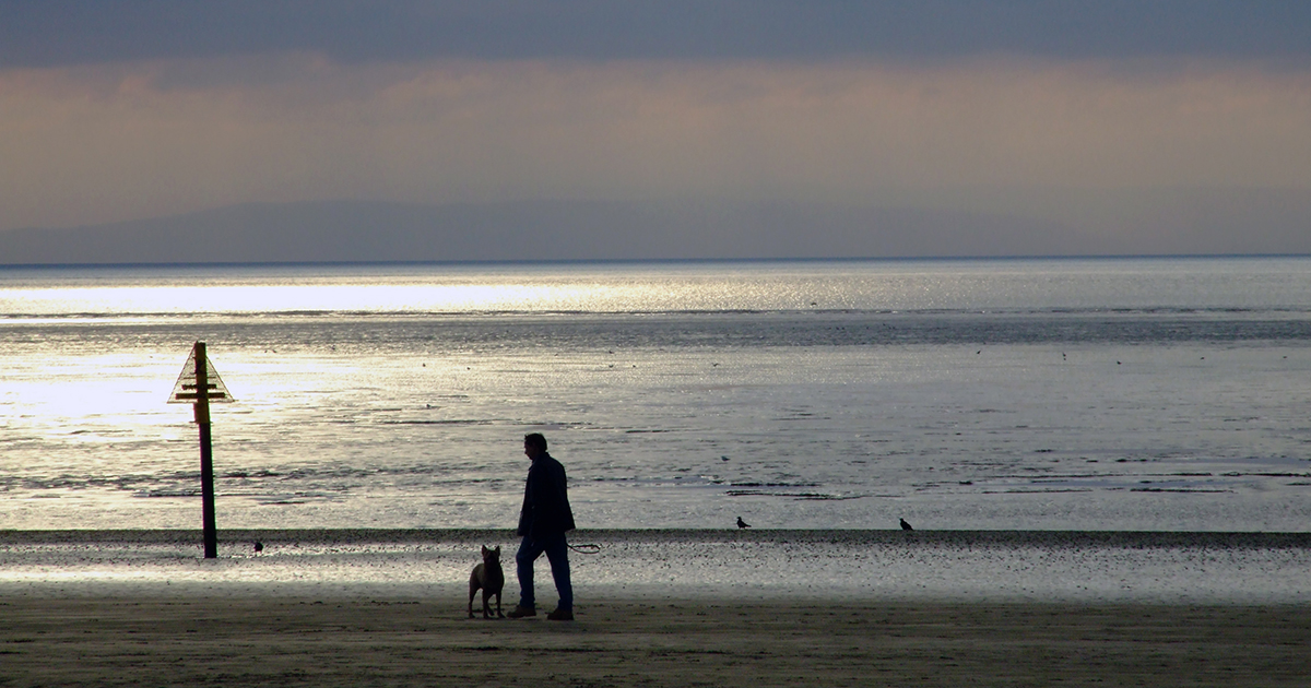 Man walking his dog on the beach at night.