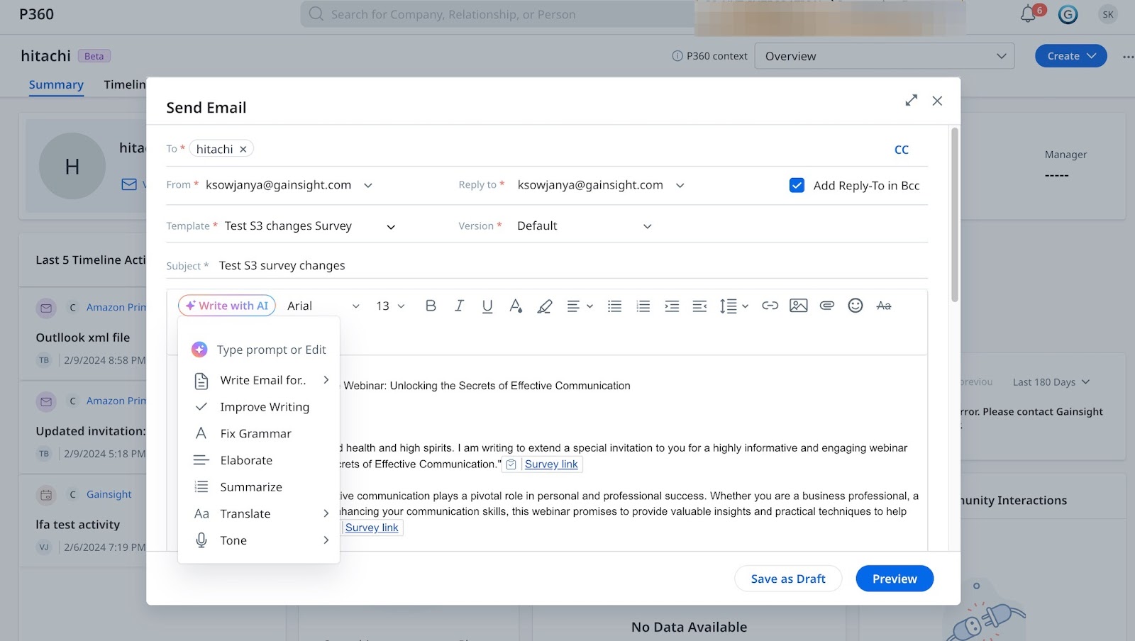 A screenshot of Gainsight's 'Send Email' interface in P360 with fields for recipients, a 'Write with AI' feature highlighted.