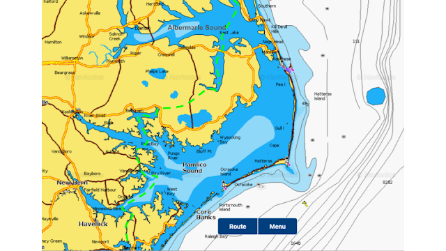 A map of the estuaries of North Carolina.  A green dotted line shows the route of the ICW.