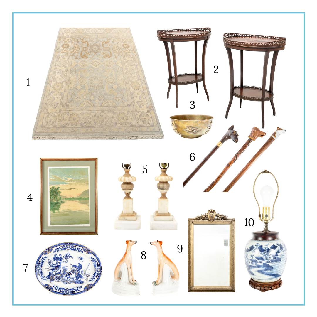 Sally's curation includes: wool rug, mahogany, lamp tables, centerpiece bowl, lithograph, table lamps, walking canes, platter, Staffordshire porcelain dogs, wall mirror and ginger jar lamp