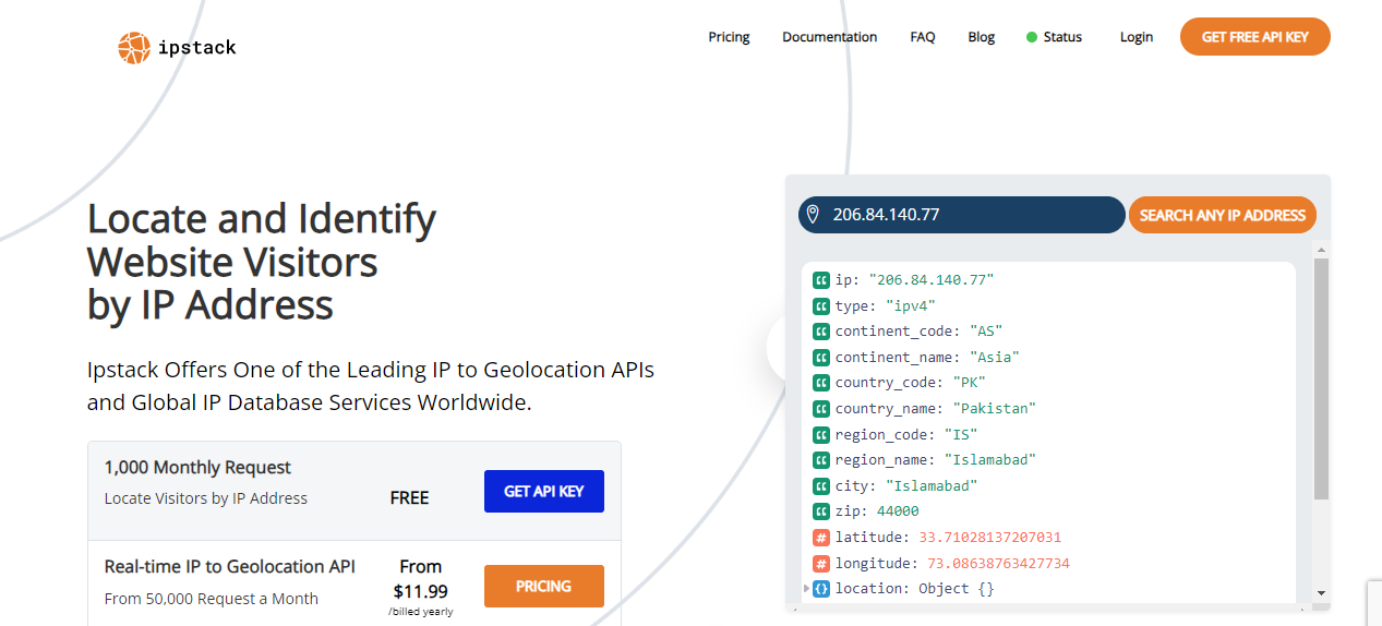 Ipstack API website interface