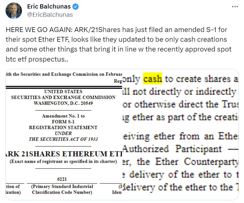 Tweet from Eric Balchunas announcing Ark’s amended S-1 filing