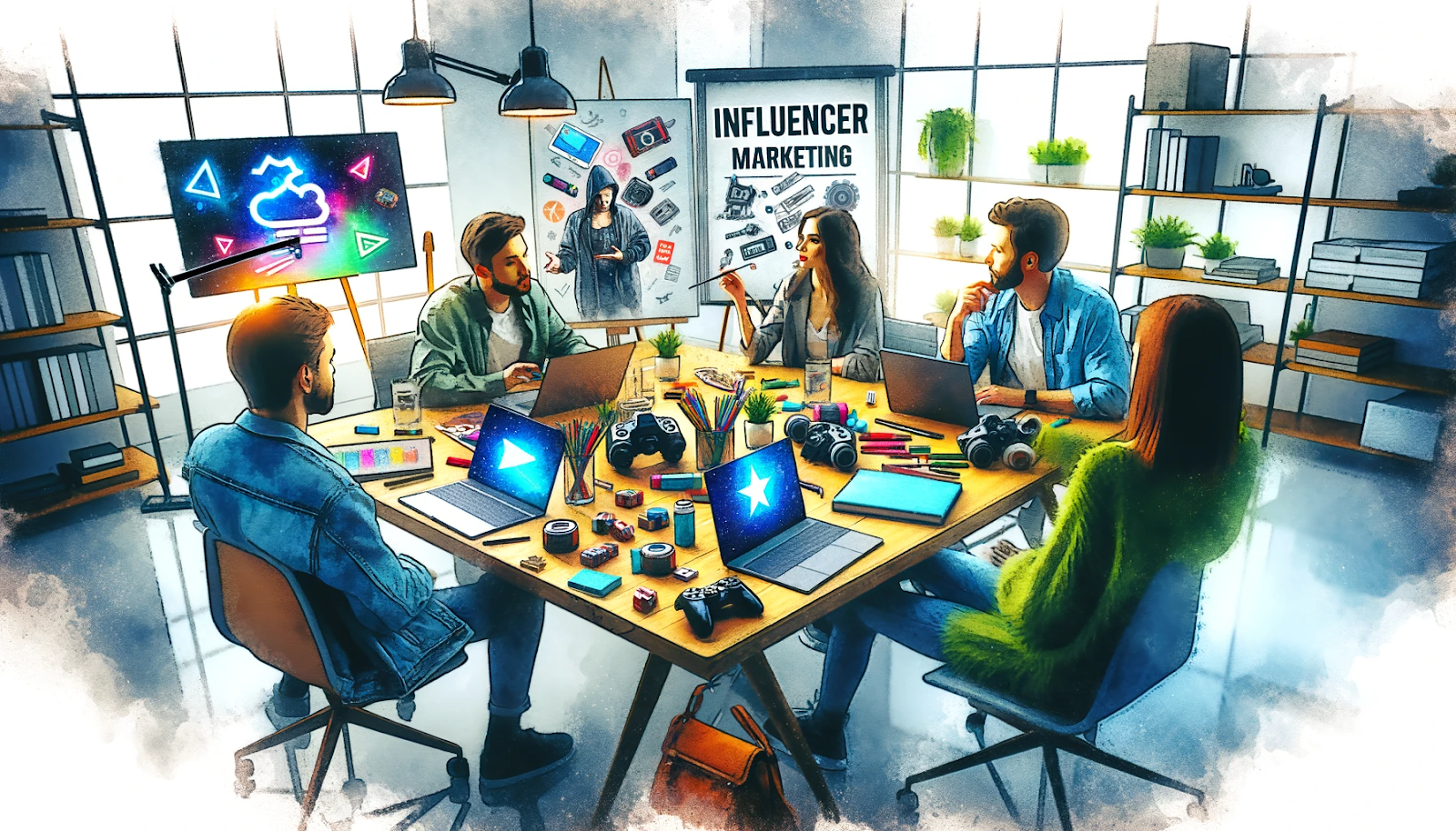 A creative brainstorming session in a modern office, with a team discussing influencer marketing strategies over a table with laptops and gaming merchandise.
