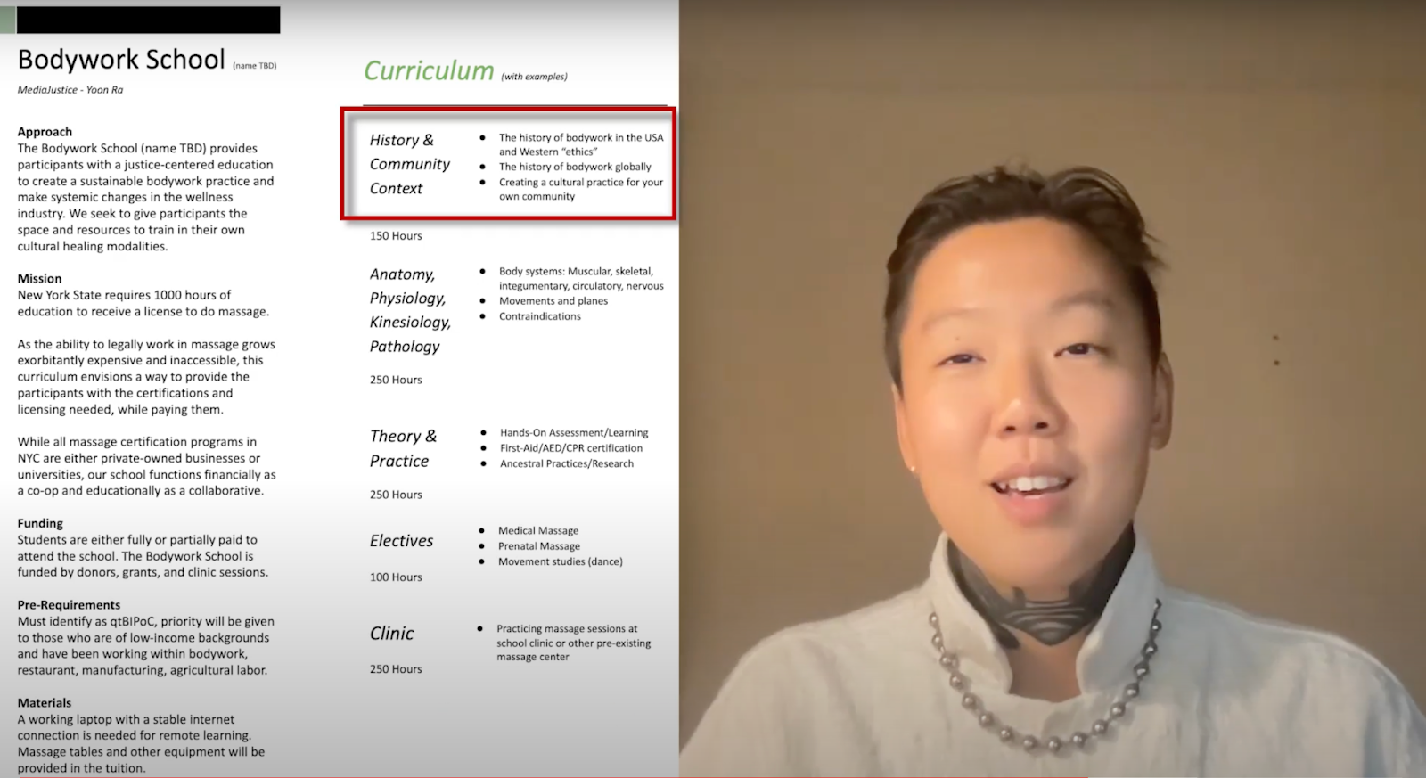SCREENSHOT: on the right, a closeup of Yoon, wearing a white tunic and large silver pearled necklace. on the left is a screenshot of a bodywork curriculum they worked on during their fellowship 