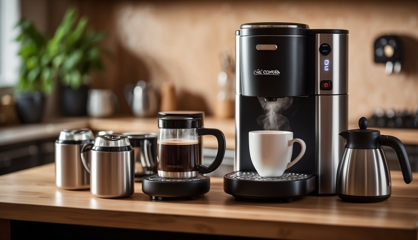 A cozy kitchen with a Tres Corações Mimo coffee maker on the counter. Steam rises from a freshly brewed cup, surrounded by a selection of coffee pods