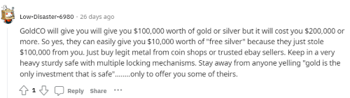A person on Reddit warning others not to invest in precious metals with Goldco. 