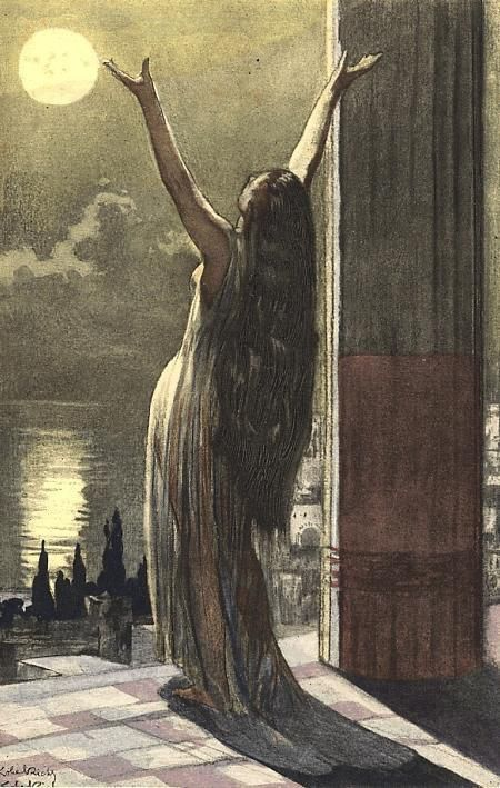 In this depiction, a woman in a white dress raises her hands upward in exultation towards the luminous moon while her jet-black hair cascades down her back gracefully.