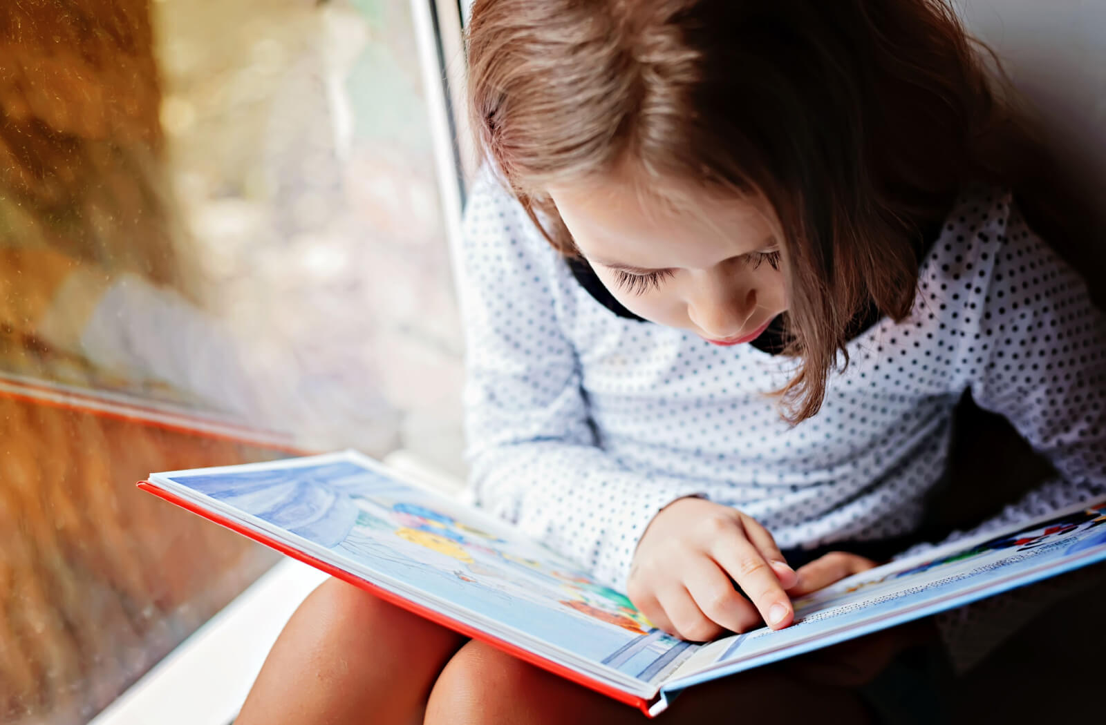 A young girl reading a story book beside a window.
