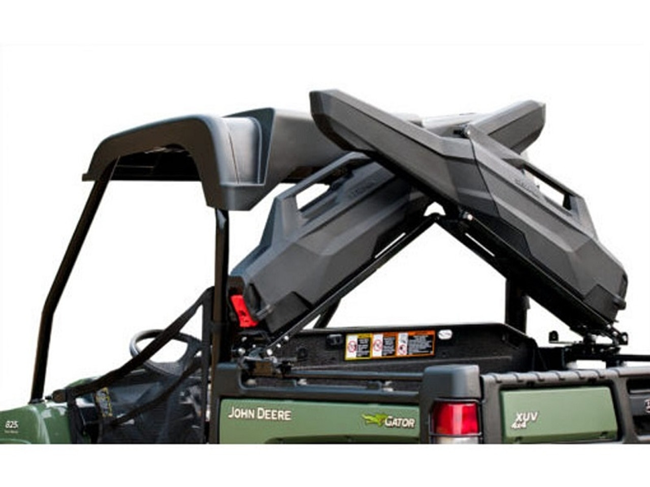 A picture of the Armory X-rack mounted on a John Deere Gator against a blank background.