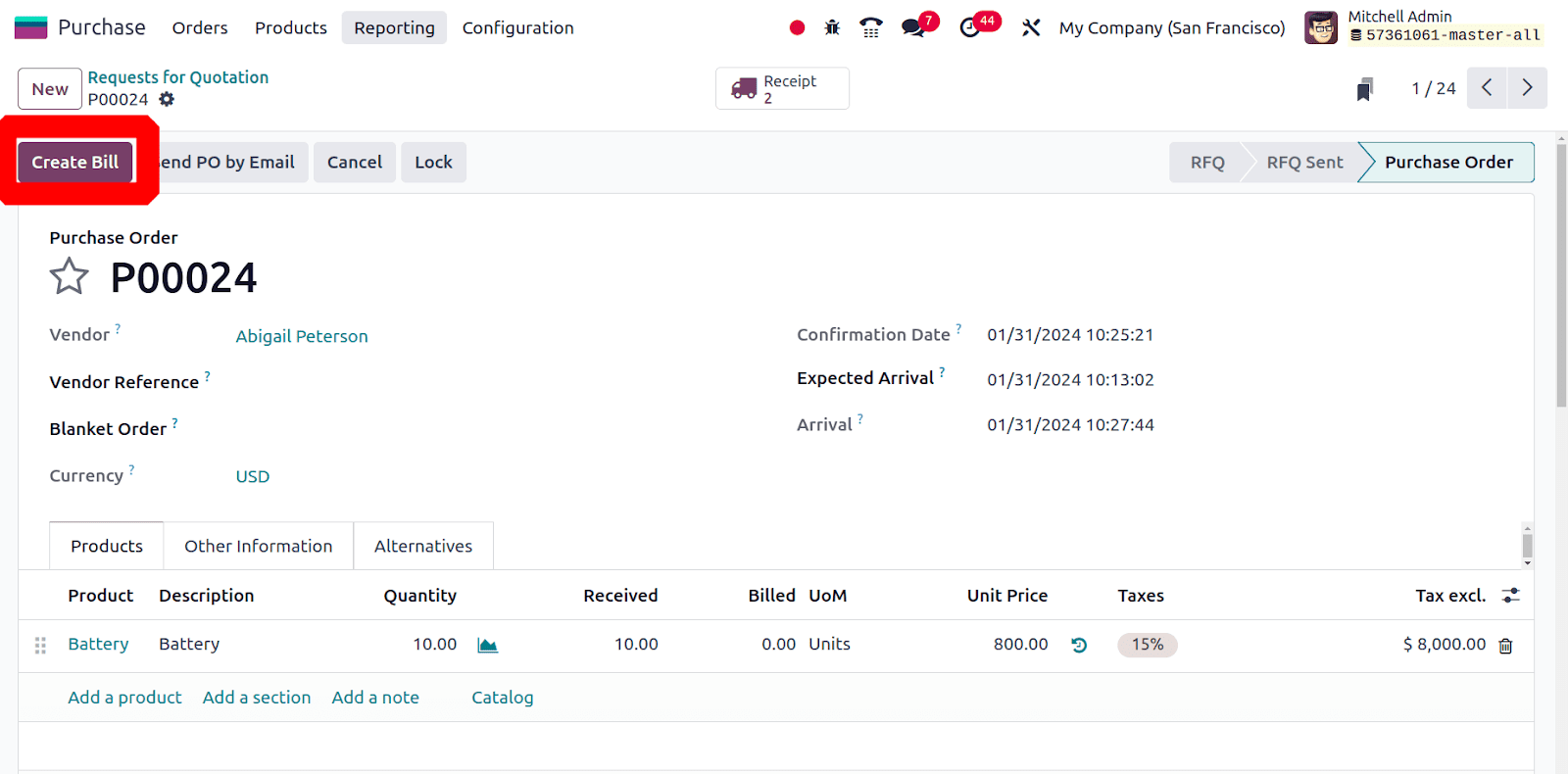 Purchase Order Create Bill