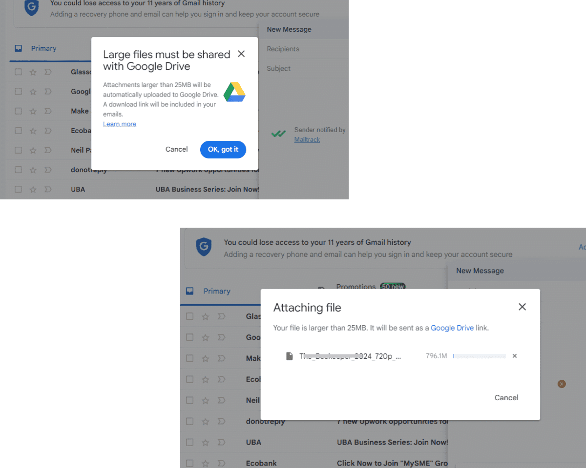 How to send large files via Gmail: Gmail automatically uploads the file to Google Drive and adds a link to your email