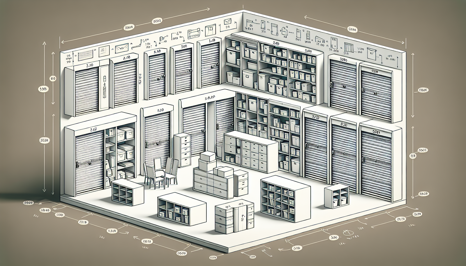 Illustration of different storage unit sizes with labeled dimensions