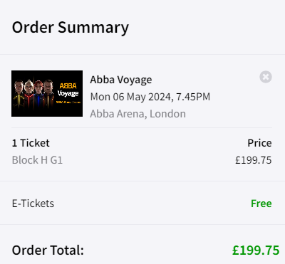 Screenshot of a basket for ABBA Voyage tickets at ABBA Arena, London for Monday 6th May. price of £199.75
